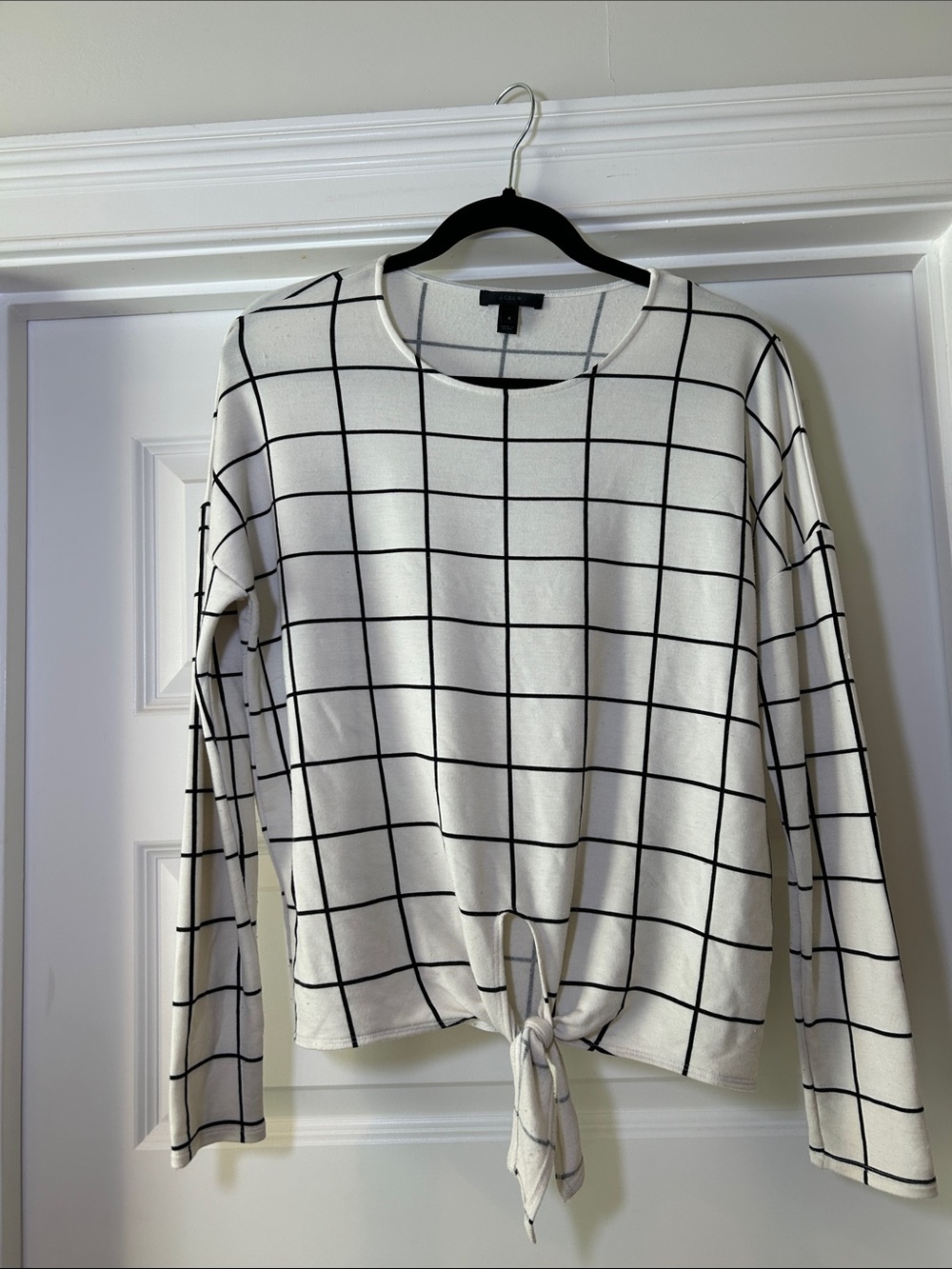 J. Crew White Black Grid Tie-Front Long Sleeve Top